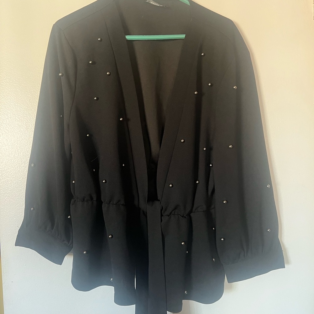 SHEIN Black / pearl front tie jacket v